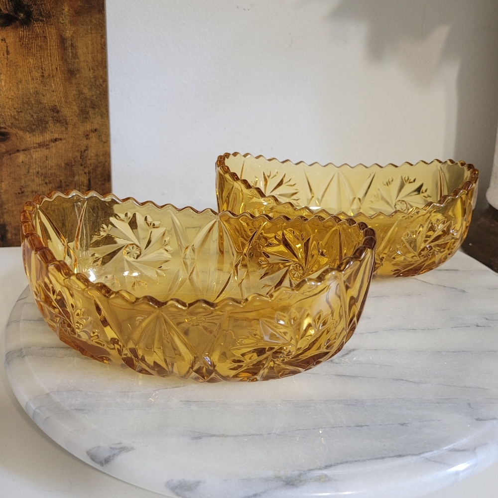 Vintage Amber Pressed Glass Bowls, Set Of 2